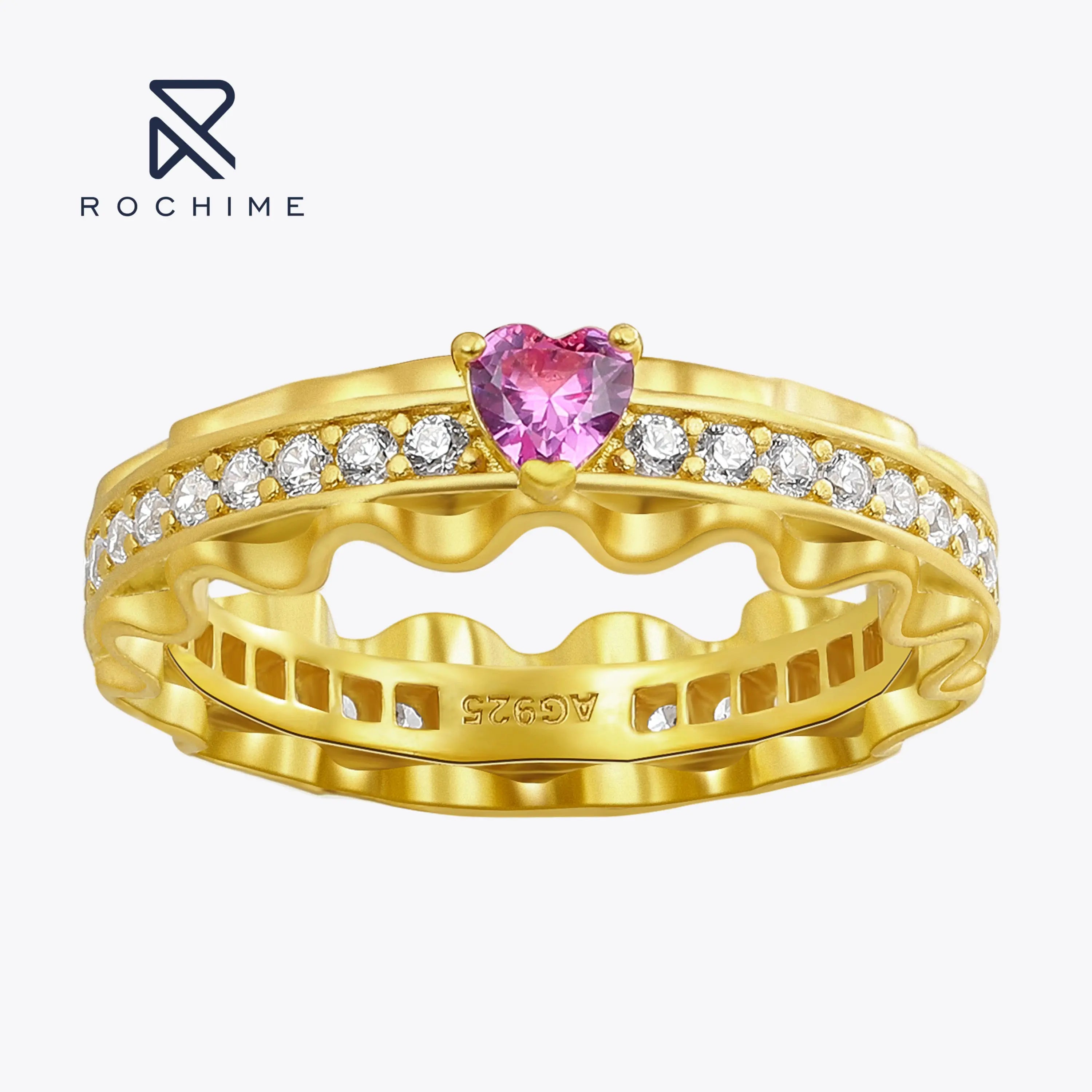 Rochime 18k Gold Plated  Elegant Sweet Heart Candy pink Diamond Ring 925 Sterling Silver Cubic Zirconia Rings for Women
