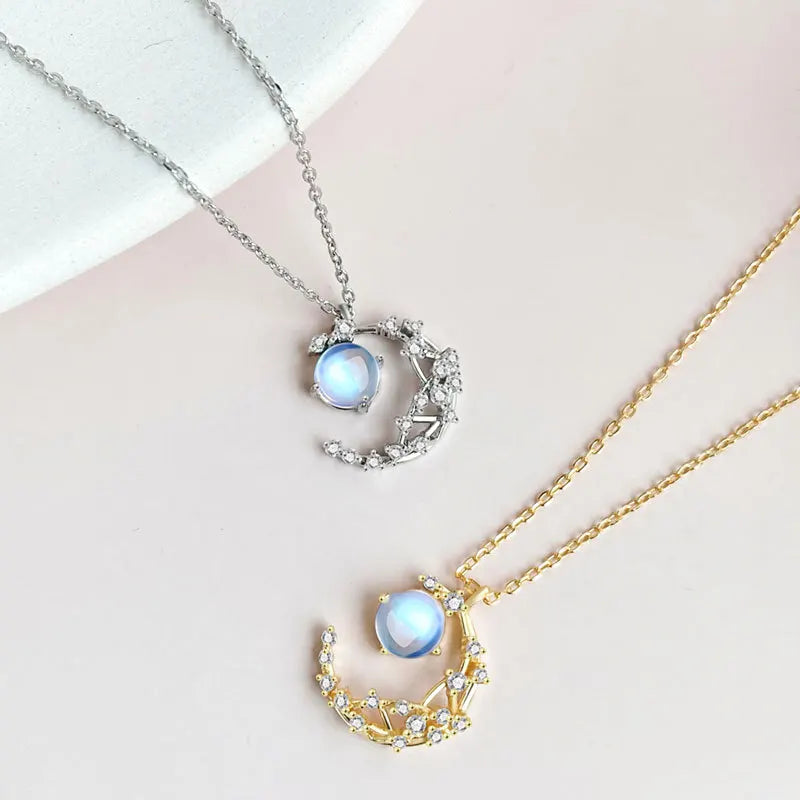 925 Sterling Silver Necklace Temperament Star Moon Pendant Korean Moonstone Necklace Jewelry Women