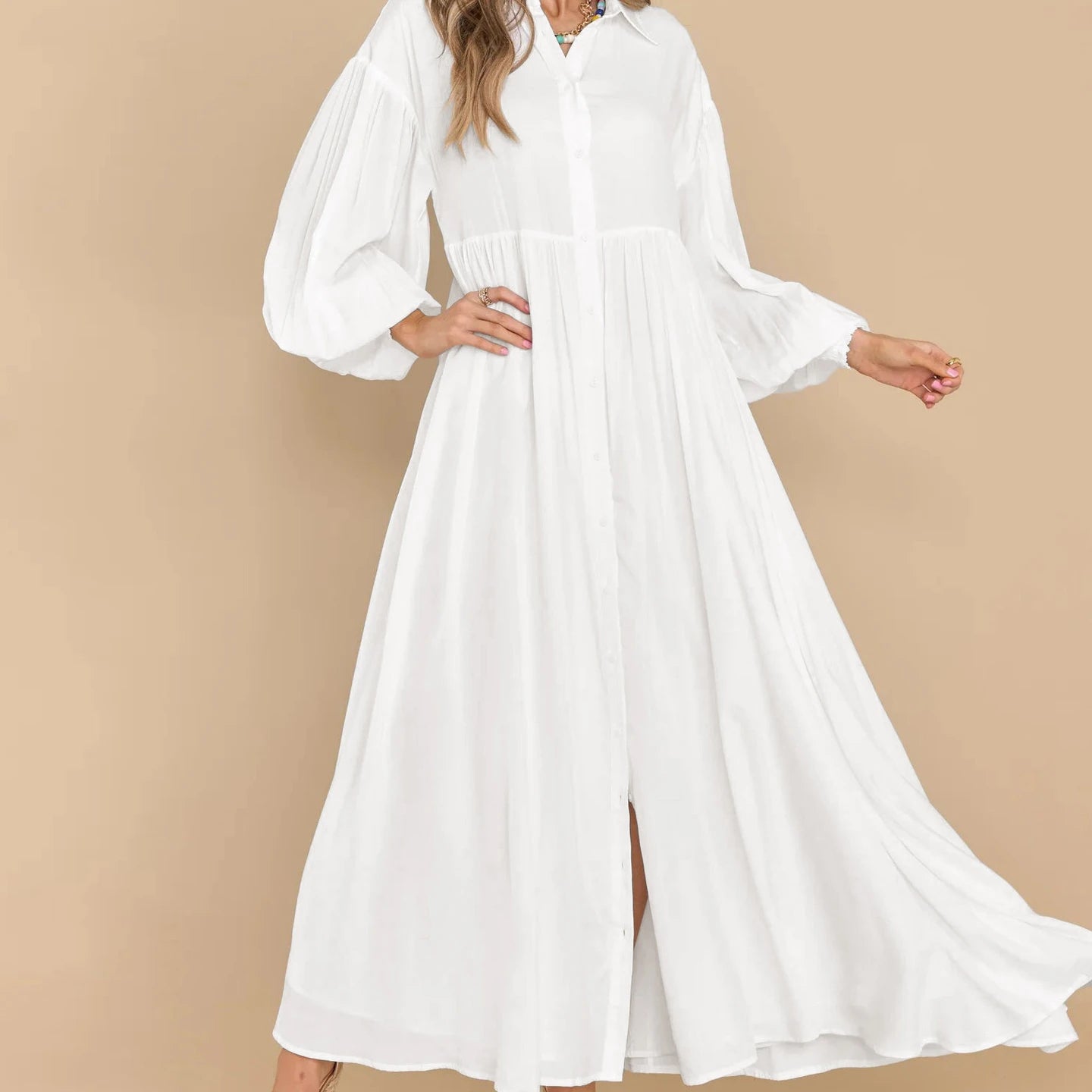 Women's Clothing Autumn and Winter New Product Long Solid Color Dress Button Loose Oversized Swing Dress