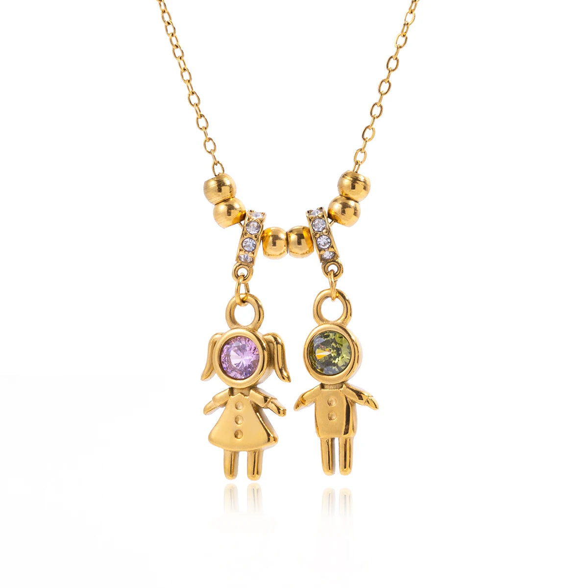 J&D 18K PVD Gold Plating Stainless Steel Pink Green Cubic Zircon CZ Romantic Girl and Boy Pendant Necklace