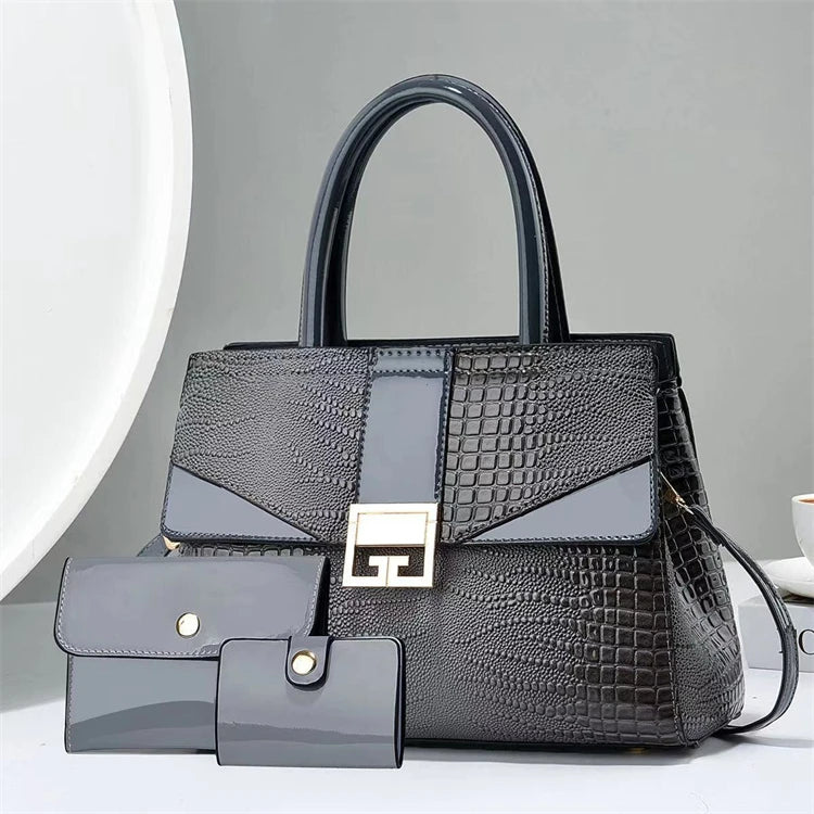 New 2026 Cross-border Trend Large Capacity Shoulder Crossbody Handbag Embossed Bright Leather Three-piece Women's Bag