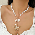 Bohemia Style Beach Beaded Metal Conch Starfish Pendant Fringe Necklace Imitation Pearl Multi-layer Collar Necklace