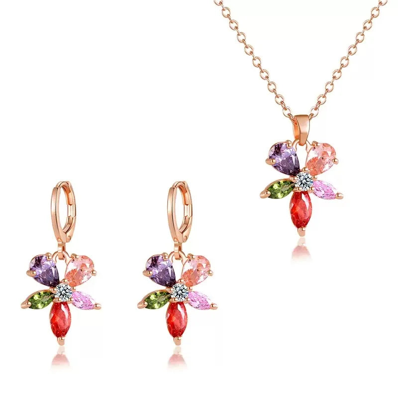 Luxury Jewelry Earring Necklace Anniversary Gift Gold Plated Copper Colorful Zircon Flower Jewelry Set for Women