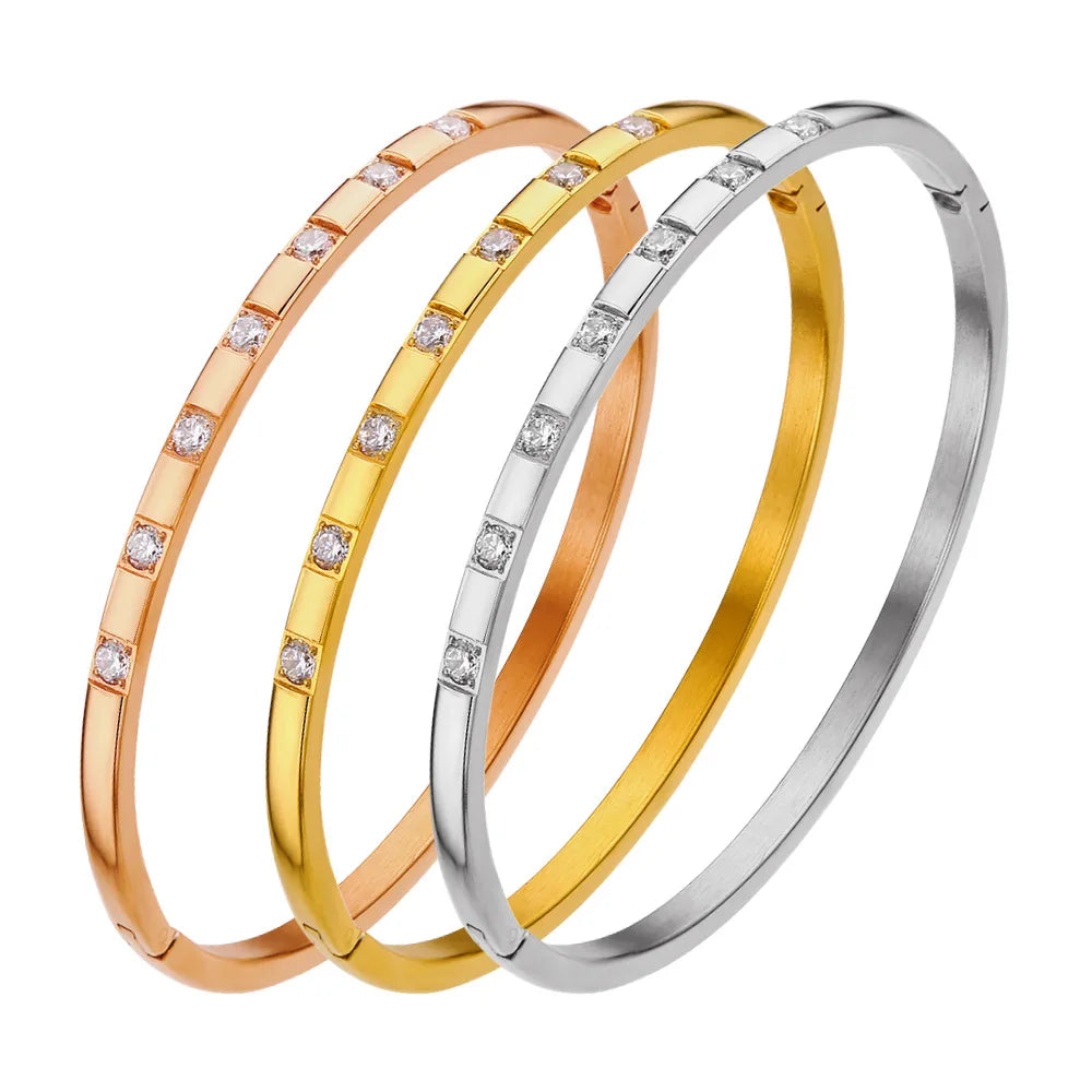 Fine Jewelry Stainless Steel Zircon Bracelet Set Waterproof and Colorfast Rose Gold Bangle for Fashion Women