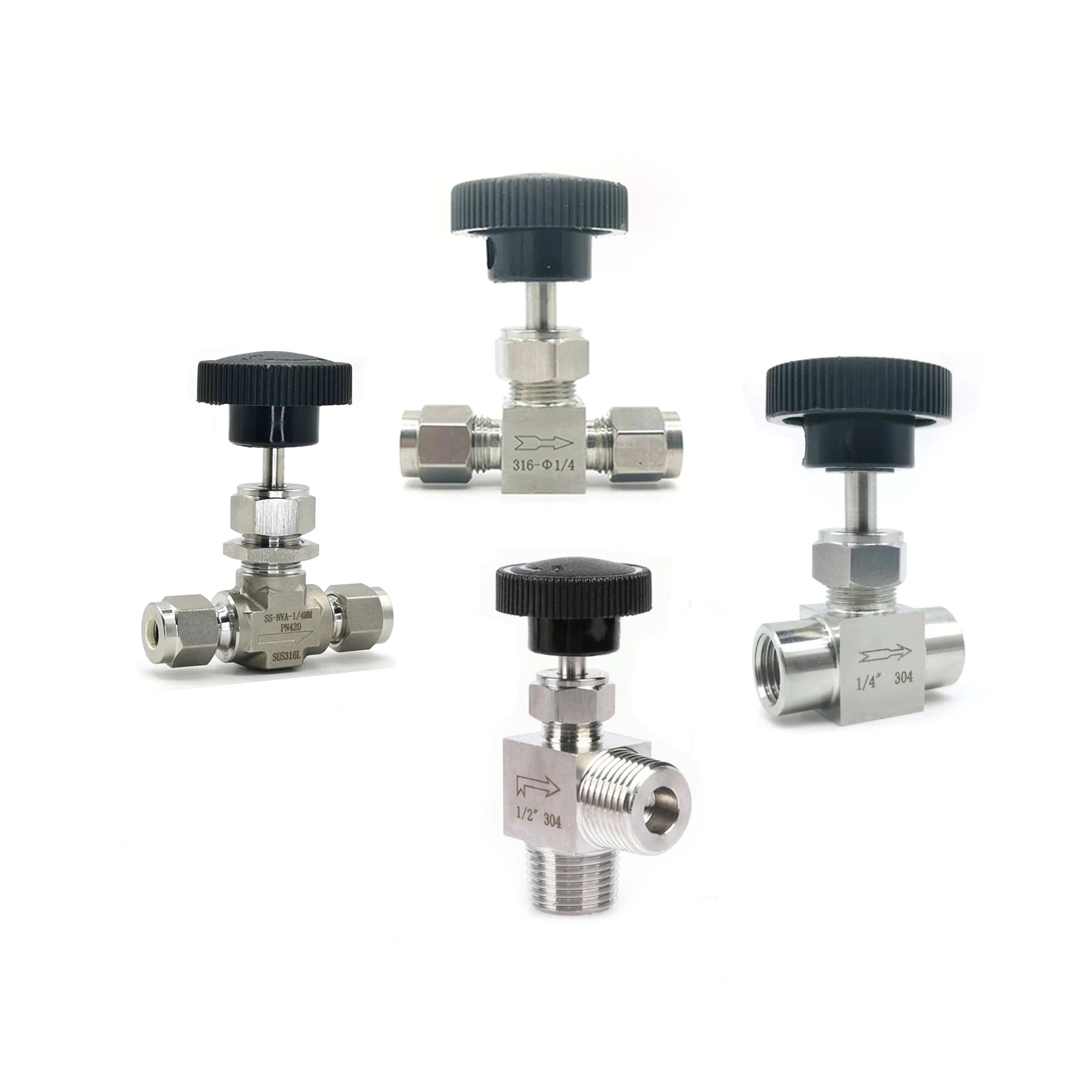 Manual Hydraulic Flow Control Needle Valve 1/4" 316SS Stainless Steel for Instrumentation 7.6MPA Pressure -30-140