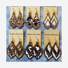 BINSHUO Wooden Earrings Jewelry Leopard Patterns Genuine Leather Horse Hair Inlaid Hollow Out Wooden Pendant Earrings for Women