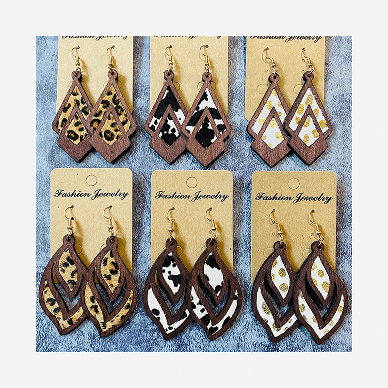 BINSHUO Wooden Earrings Jewelry Leopard Patterns Genuine Leather Horse Hair Inlaid Hollow Out Wooden Pendant Earrings for Women