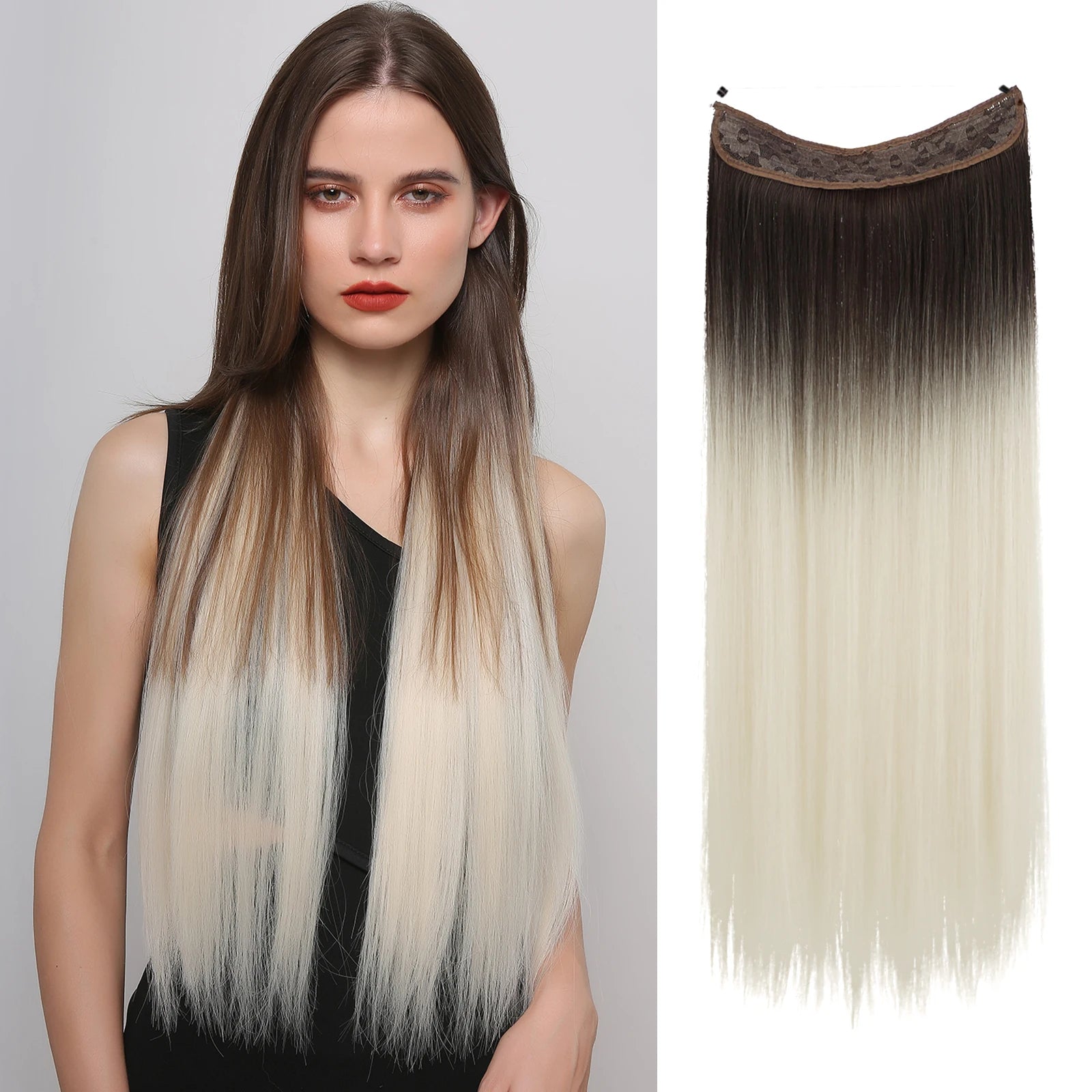 Straight Invisible Wire Extension Adjustable Fish Line Clip in Hairpiece 24 Inch 120g Heat Resistant Synthetic Fiber for Women