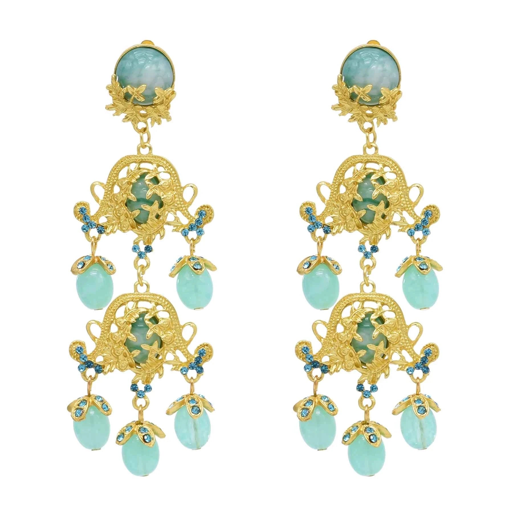 Baroque Charms Women Drop Earrings Exaggerated Stone Ethnic Bilayer Tassel Pendant Gold Carved Earrings Female