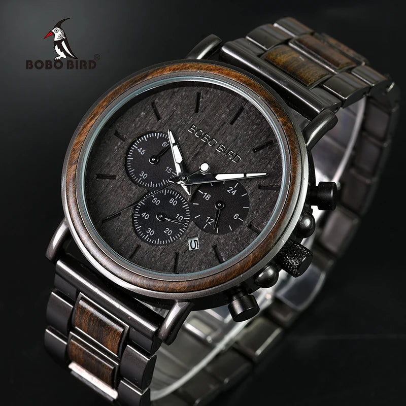 For BOBO BIRD Luxury Ebony Men's Chronograph Watch Custom Logo Stainless Steel Wristwatches Quartz for Fashion Business OEM