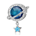 Planet Series Blue Planet Charm with Star Dangle Real 925 Sterling Silver Bead With Zircon for Original Bracelet Women Jewelry