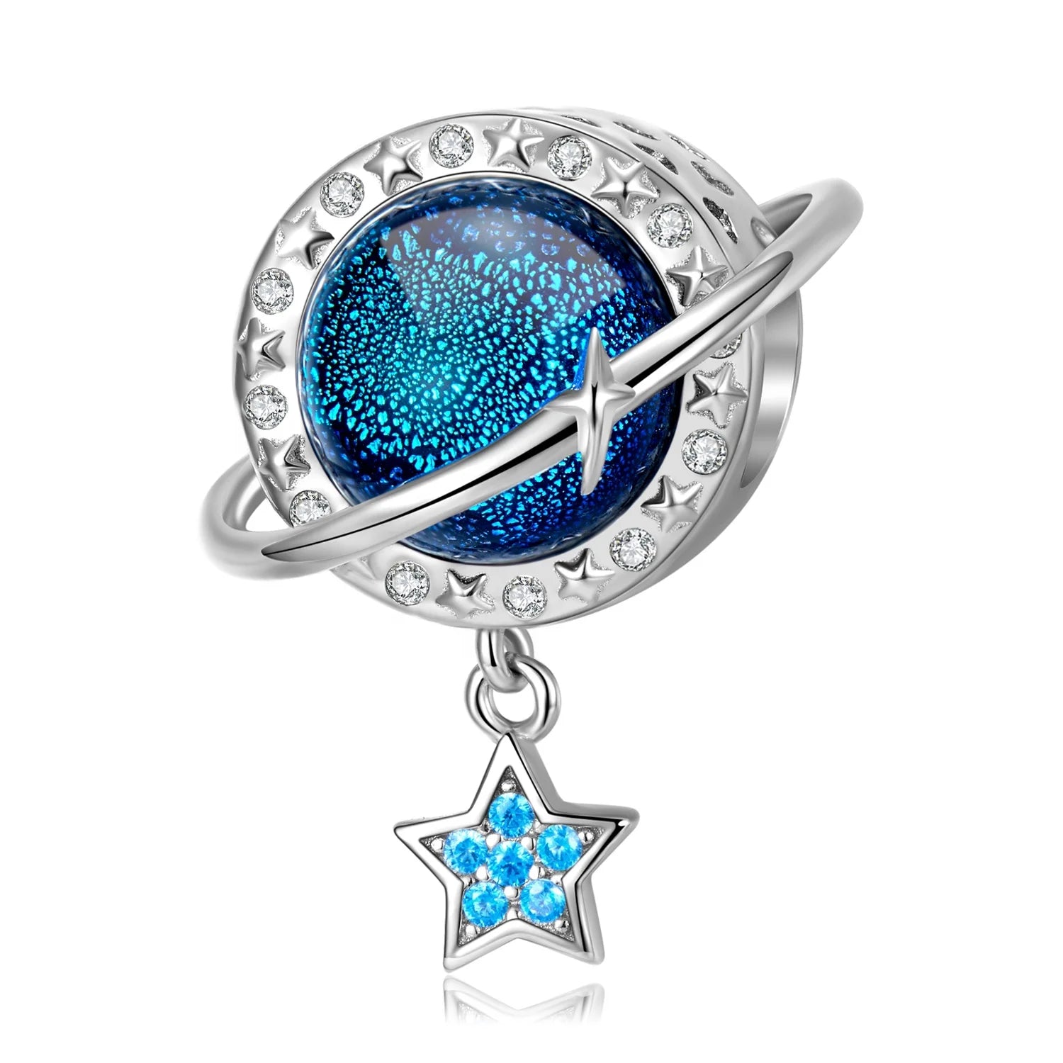 Planet Series Blue Planet Charm with Star Dangle Real 925 Sterling Silver Bead With Zircon for Original Bracelet Women Jewelry