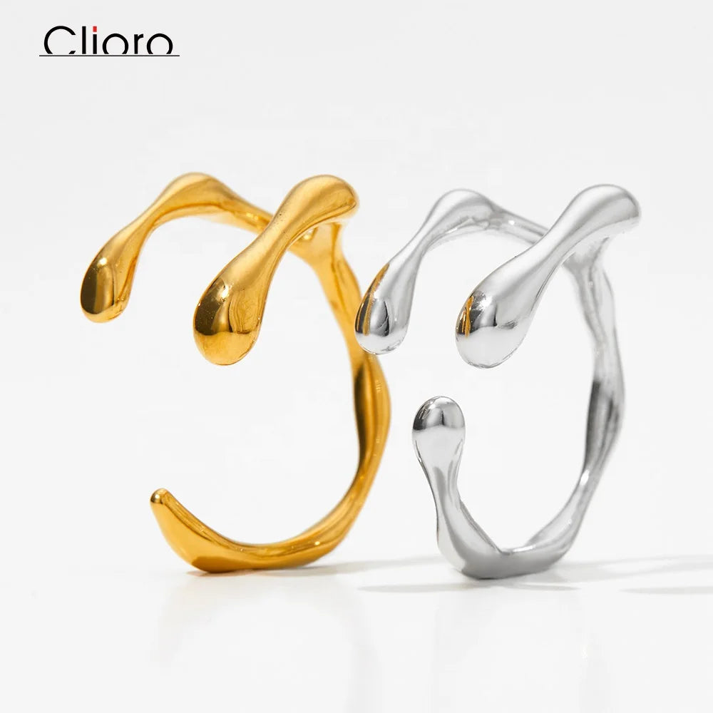 Trendy Minimalist Lava Irregular Lines Adjustable Cocktail Ring FORK Shape PVD Gold Plated Stainless Steel Waterproof Jewelry