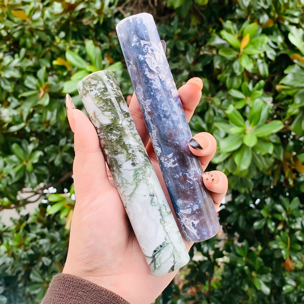 New Arrival Natural Crystal Moss Point Wand Spiritual Healing Stone Moss Agate Cylindrical Tower for Decoration