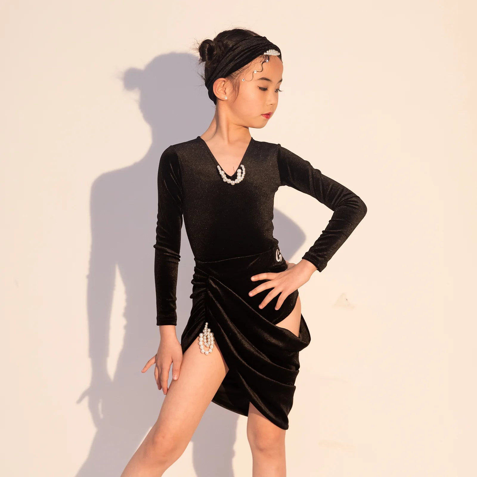Black V-neck Split Latin Dance Dress New Summer Girls Practice Performance Children Separate Suit