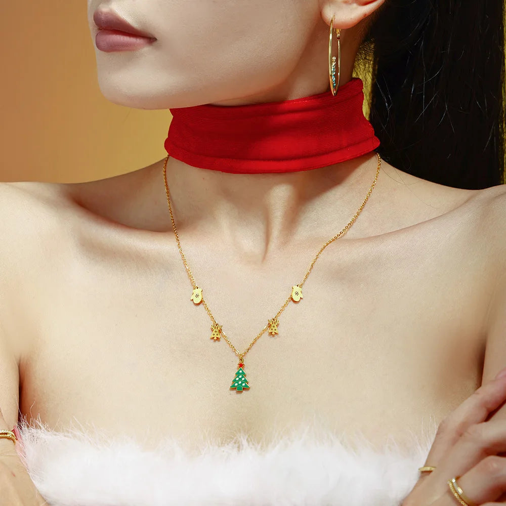 New Gold Plated Tarnish Free Waterproof Stainless Steel Christmas Tree Pendant Necklace for Gift Christmas Jewelry