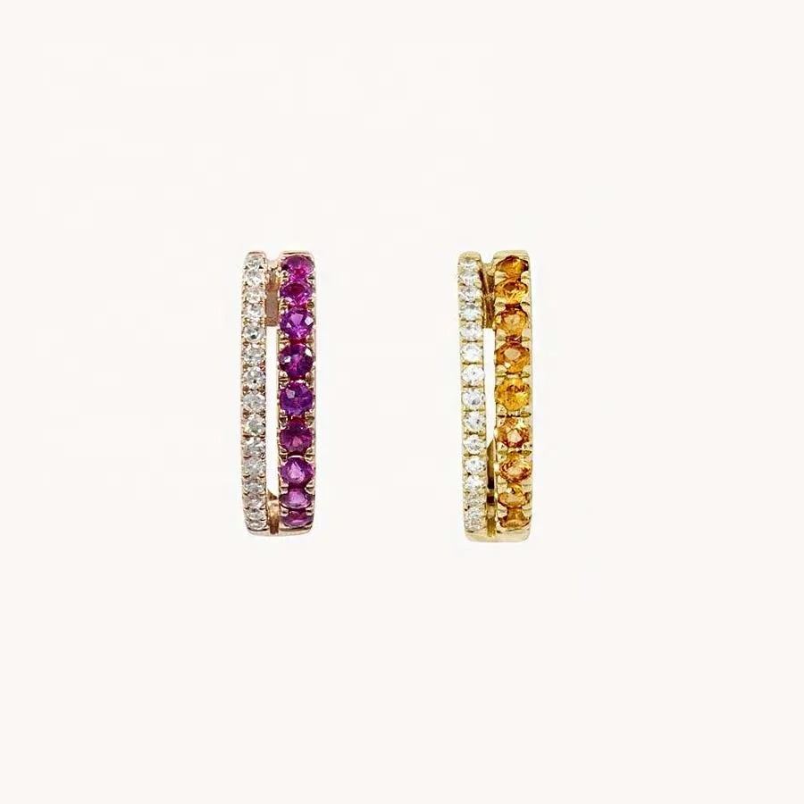 LOZRUNVE 925 Silver Double Row Cubic Zirconia Rainbow Sapphire Huggie Hoop Earring Gold Plated