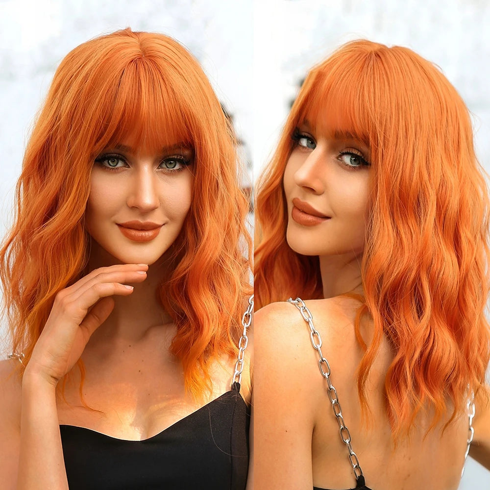 Factory Fast Delivery Orange Synthetic Wigs Short Copper Ginger Natural Wavy Hair Bob Wig with Bangs for Women Wig