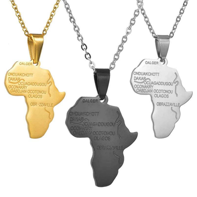 Hip Hop Non Tarnish Silver 18K Gold Plated 316L Stainless Steel Africa Map Pendant Necklace Jewelry