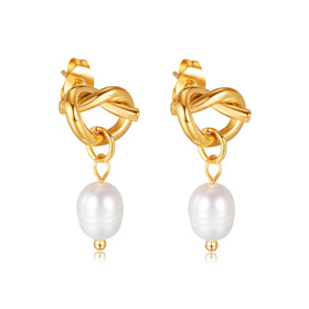 Natural Fresh Water Pearl Titanium Steel Pendant Earrings Gold Plating Knotted Dangle Drop for Women