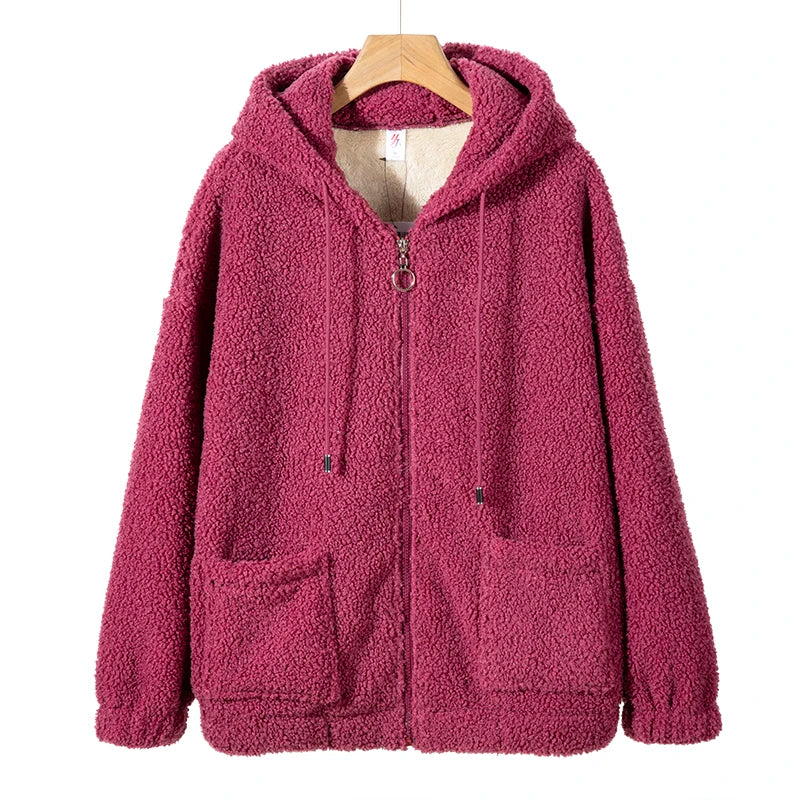 Fitspi  Fashion Women Berber Fleece Winter Warm Zipper  Long Sleeve  With Pockets Loose Plus Jacket
