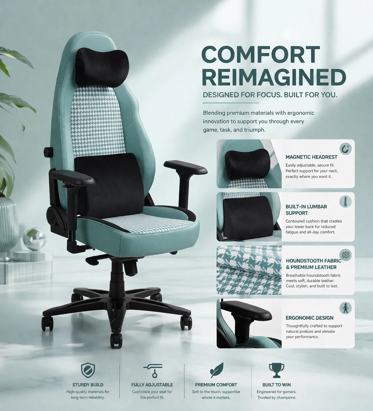 Magnetic Headrest Pine Green PU Leather Houndstooth Fabric High-Back Executive Office Chair 4D Adjustable Armrest Home Office