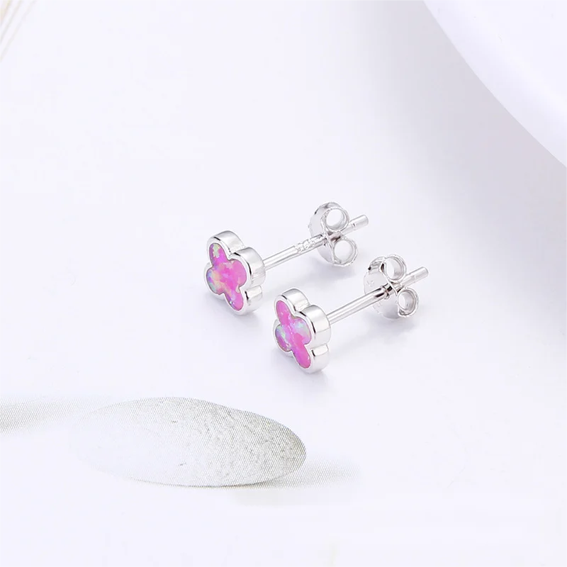 Wholesale Fine Jewelry Earrings 925 Sterling Silver Four Leaf Clover Stud Opal Earrings