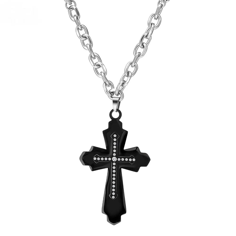 Hip-Hop Titanium Steel Cross Pendant Necklace for Men Trendy Geometric Link Chain Black Stainless Steel with Zircon accents