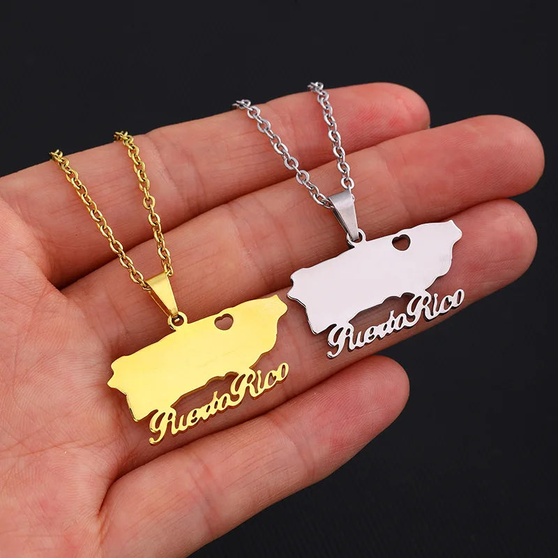 Fashion No Tarnish Silver 18K Gold Plated Stainless Steel Puerto Rico Map Pendant Necklace Jewelry for Women Men