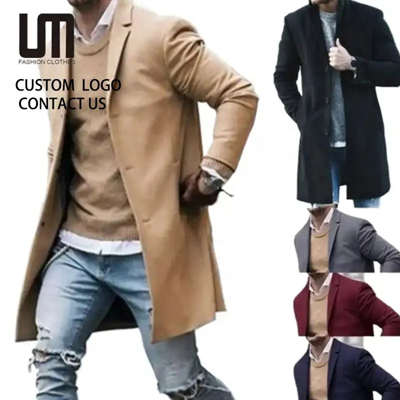 Hot Sale Wholesale Men's Winter Woolen Trench Coat Windproof Plus Size Overcoat Thick Warm Business Casual Outerwear