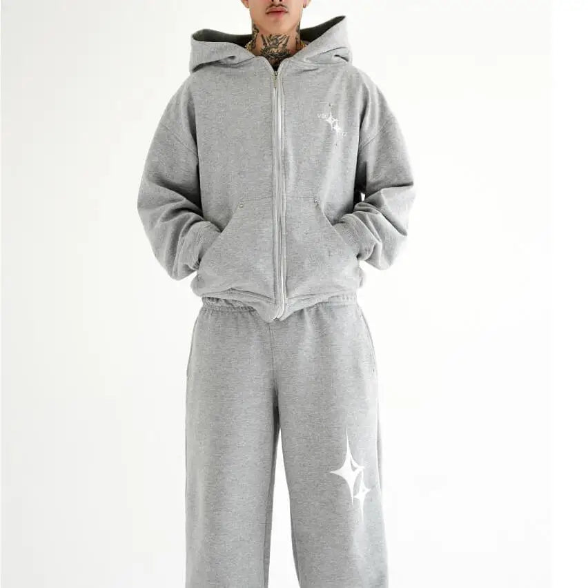 Grey Color Eco-Friendly Breathable Baggy Tracksuit with Logo Print XXL Size Fitness Hoodie Set Autumn Training Sweatpants