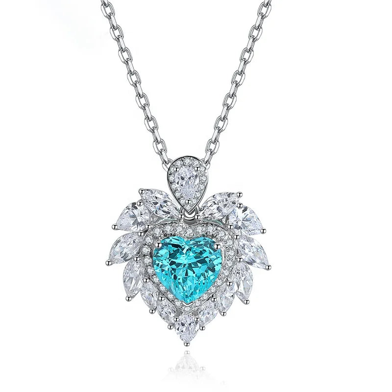 925 Sterling Silver Rhodium 2.2CT Lab-raised Paraiba Heart Pendant Necklace-Trendy Engagement Party Jewelry for Anniversary