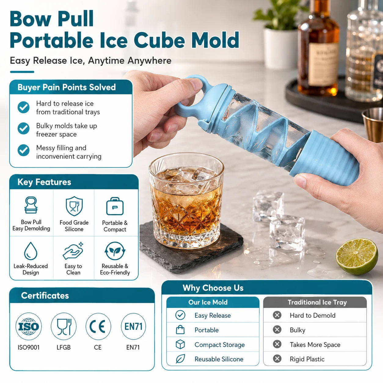 Custom Logo Freezer Safe Stackable Portable Ice Cube Mold OEM ODM Easy Release Reusable Ice Tray with Private Label Packaging