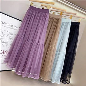 Ecowalson Ruffles Tutu Pleated Skirt Women High Waist Big Swing Vintage Tulle Skirt Korean 3 Layers Mesh Long Skirt Clothing