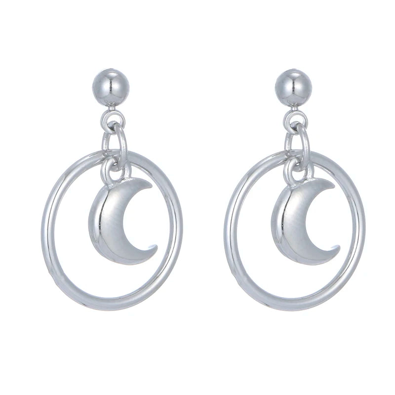 925 Sterling Silver Earrings for Women Cute Circle Moon Stud Design Rhodium Plated for Party or Gift Fashion Jewelry