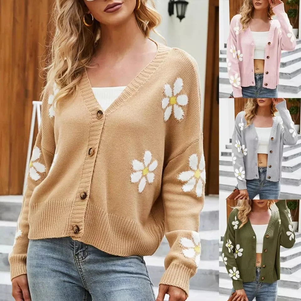 Women's Little Daisy Sweater Cardigan Top Casual Long Sleeve V Neck Floral Print Loose Knit Loose Coat Sweet Button Sweater