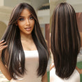 Factory Fast Delivery Long Straight Brown Blonde Highlight Synthetic Hair Wig with Bangs for Afro Women Natural Heat Resistant