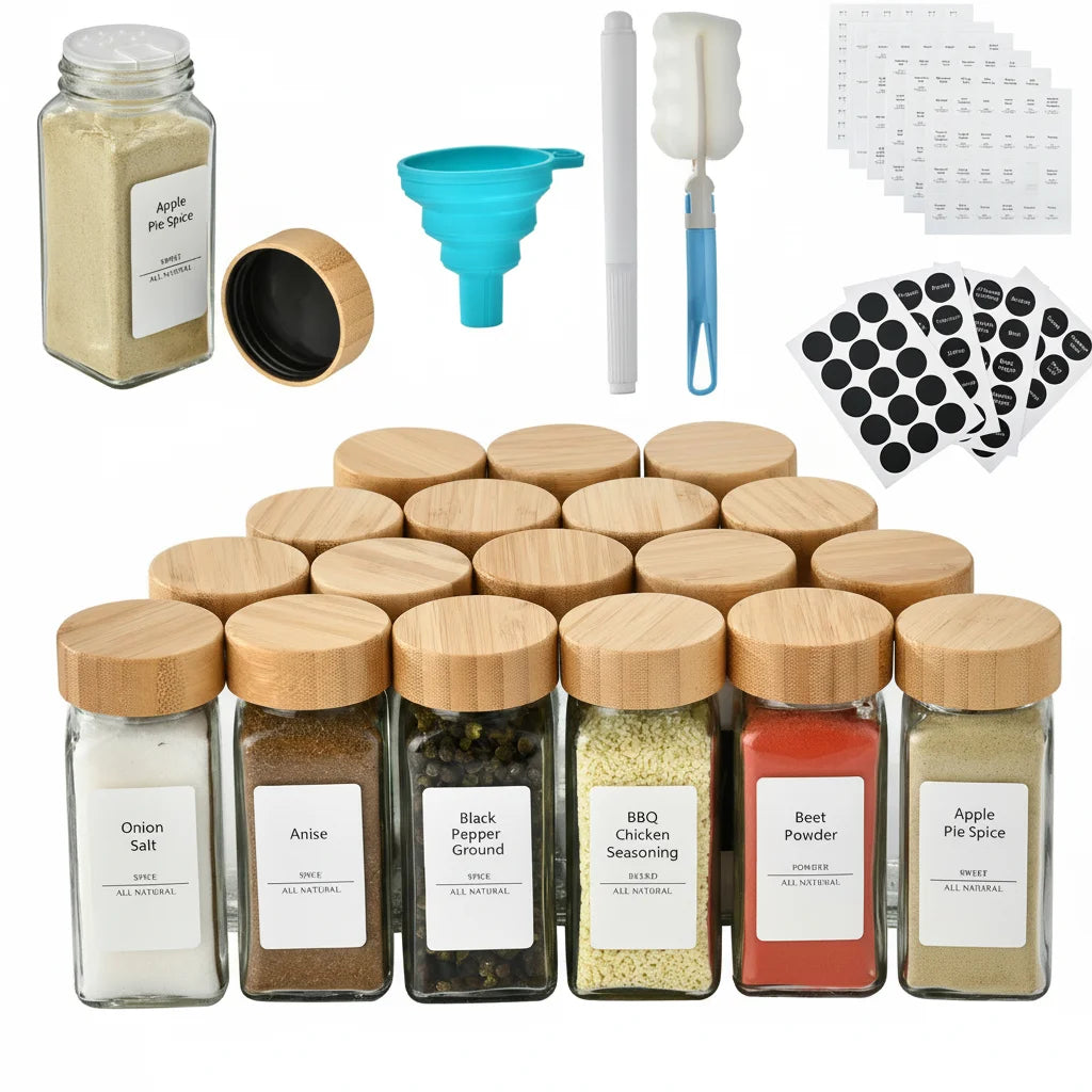 24 Pcs Set 120ml Salt Spice Seasoning Bottle Pepper Container Bamboo Metal Lids 4oz Square Glass Seasoning Spice Jar