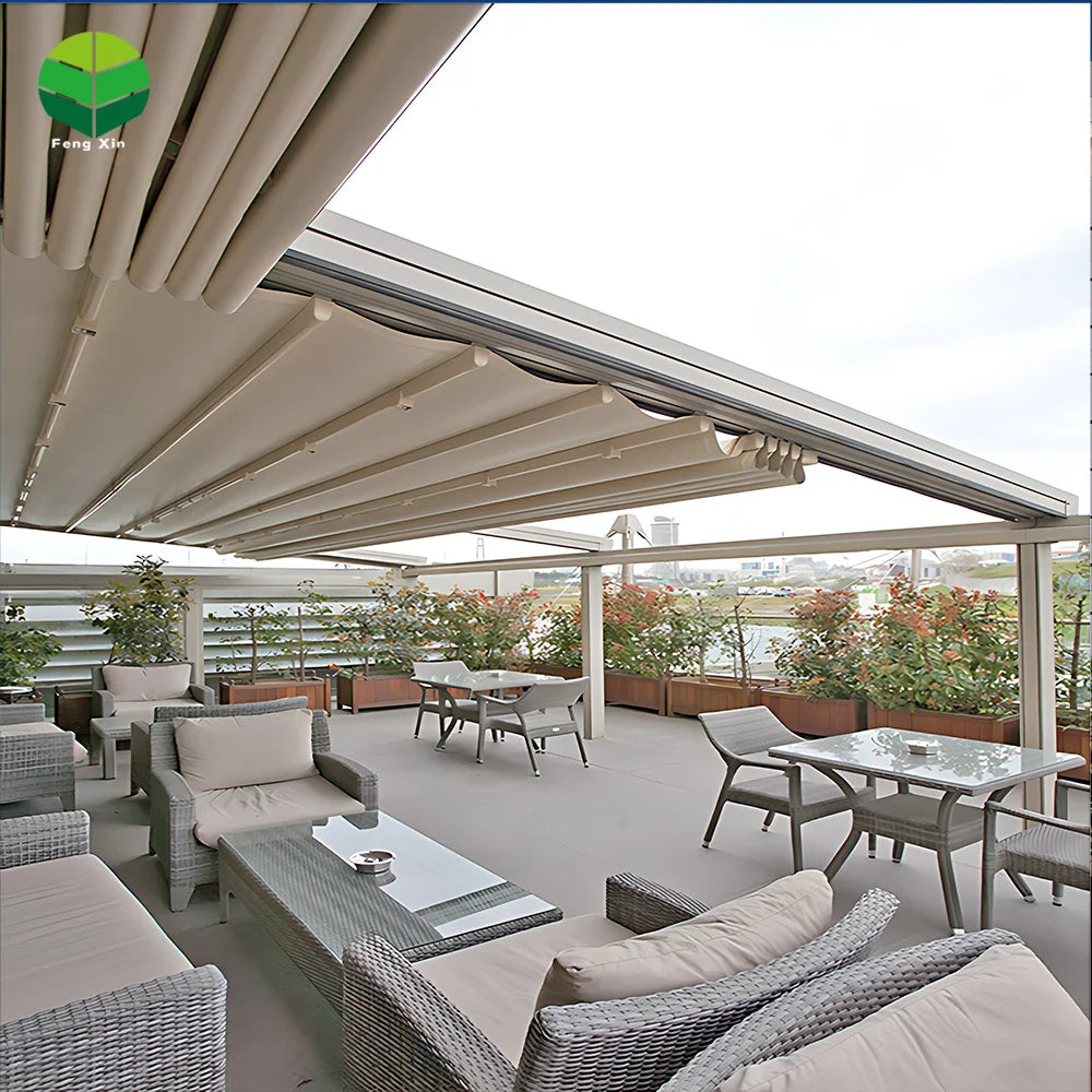 Commercial Electric Pergola Aluminium Outdoor Retractable Roof Pergola Electric PVC Retractable Pergola