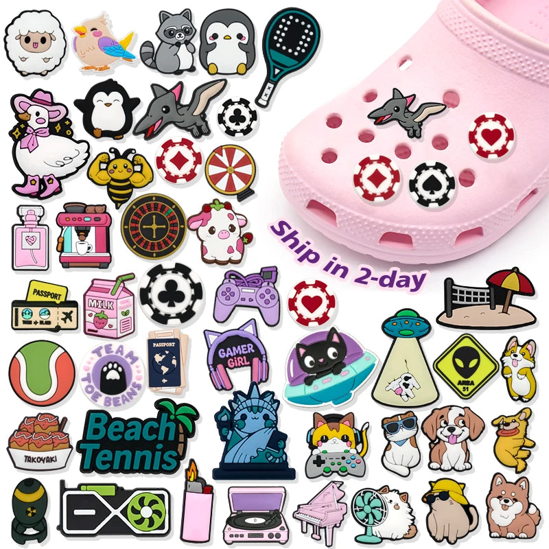 New Trend Designer Kawaii Products Beach Sport Ball Food Game Alien Cat Dogs Animals Passport pink Milk Shoe Decoration Charms
