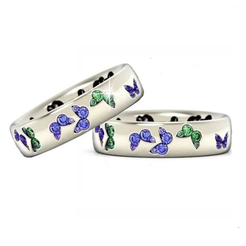 SC New Delicate Silver Plated Women Wedding Rings Fashion Size 5-10 Zircon Rings Personalized Colorful Diamond Butterfly Rings