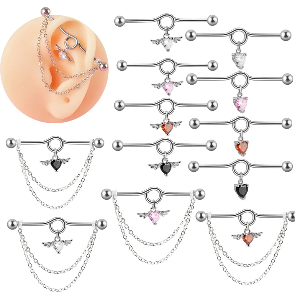 14G Surgical Steel Heart Zircon Dangle Chain Devil Industrial Barbell Ring Straight Barbell Ear Cartilage Helix Weddings