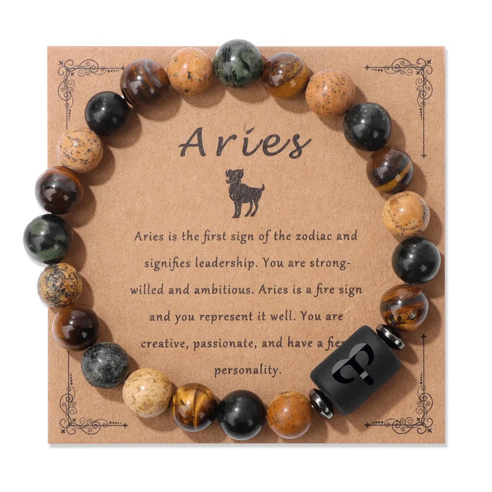 12 Zodiac Fashion Natural Black Onyx Stone Star Sign Horoscope Beaded Bracelet Zodiac Bracelet for Men Women