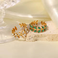 New Design Custom Leaf Green White Rhinestone Stainless Steel Rings Fashion High Sense Ring for Women Girls