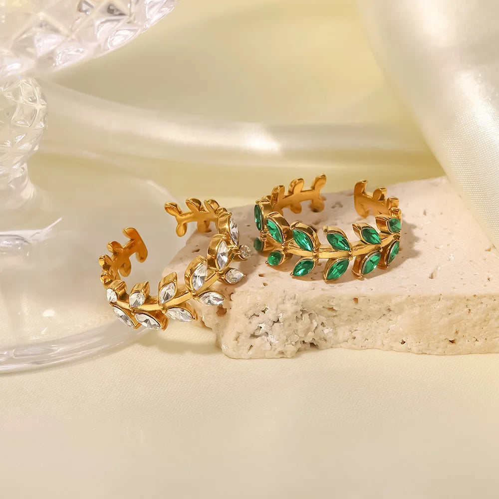 New Design Custom Leaf Green White Rhinestone Stainless Steel Rings Fashion High Sense Ring for Women Girls
