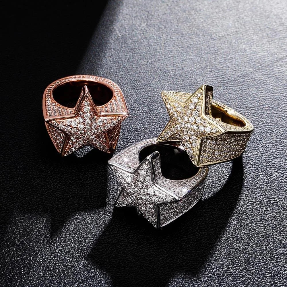 New Pentagon Fully Iced Out Rings Fashion Microwave Cubic Zircon CZ Five Star Wedding Rings Women Men Cool Hip Hop Bling Jewelry