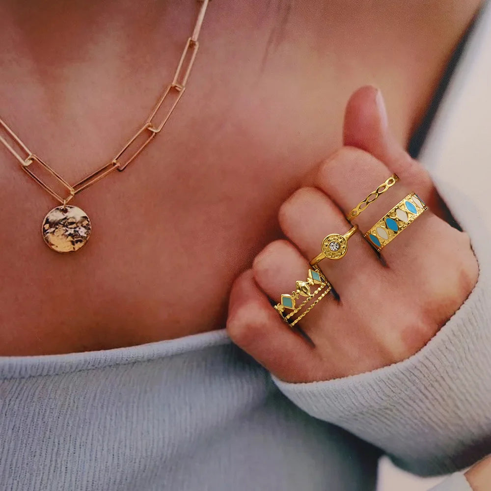 Nabest Waterproof Stainless Steel Geometric Hollow Drop Oil Ring Set Jewelry Women Gold Plated Rhinestone Open Rings