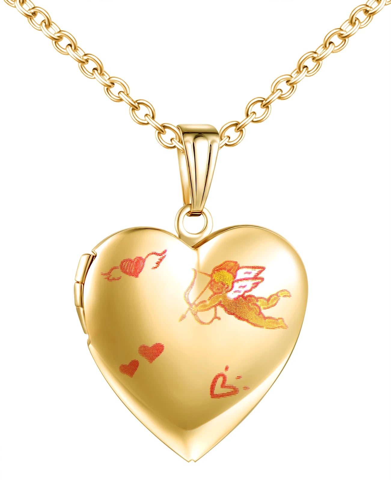 Cupid Shooting Love Heart Pendant on Gold Plated Stainless Steel Link Chain Necklace Trendy Ladies' Fashion Accessory for Gift