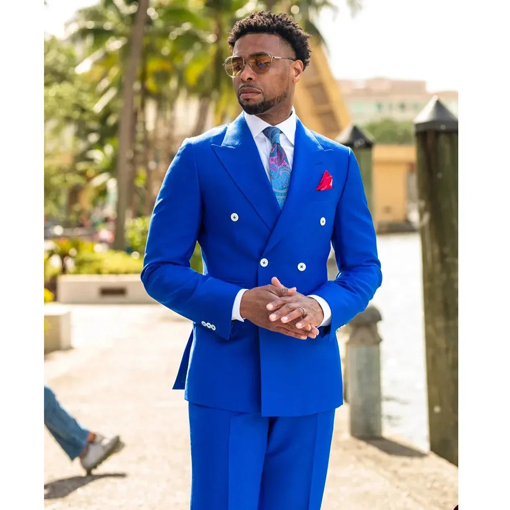 Luxury Men Suits Blazer Blue Double Breasted Peaked Lapel Casual Daily Outfits Leisure Costume Homme 2 Piece Jacket Pants Set