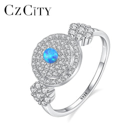 CZCITY Luxury Engagement 925 Sterling Silver Ring Women Fine Jewelry Fashion Round Disc Blue Fire Opal Ring